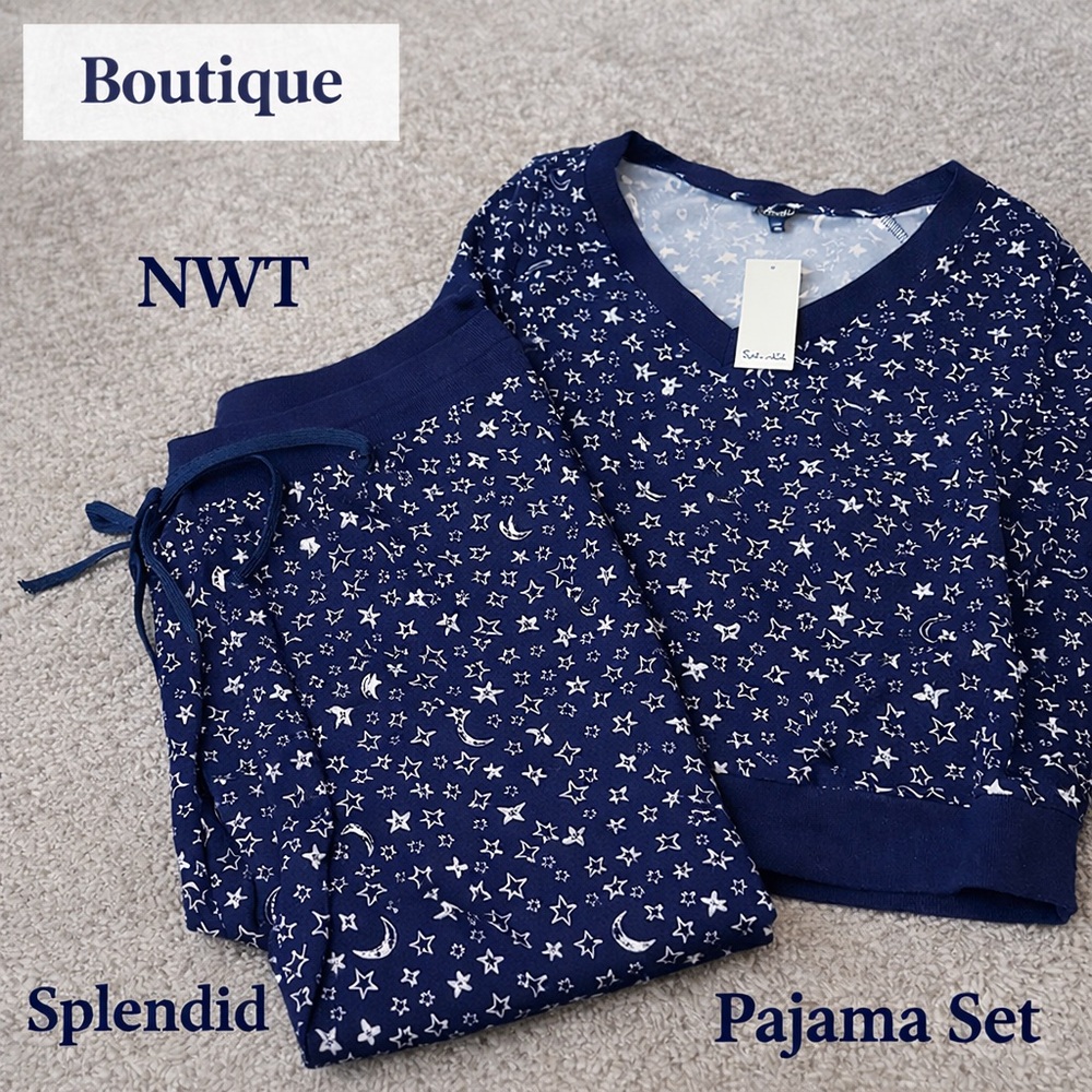 NWT Splendid XL 2-Piece Pajama Set Navy Star Moon Print Lounge Sleep Cozy Soft - Picture 2 of 15